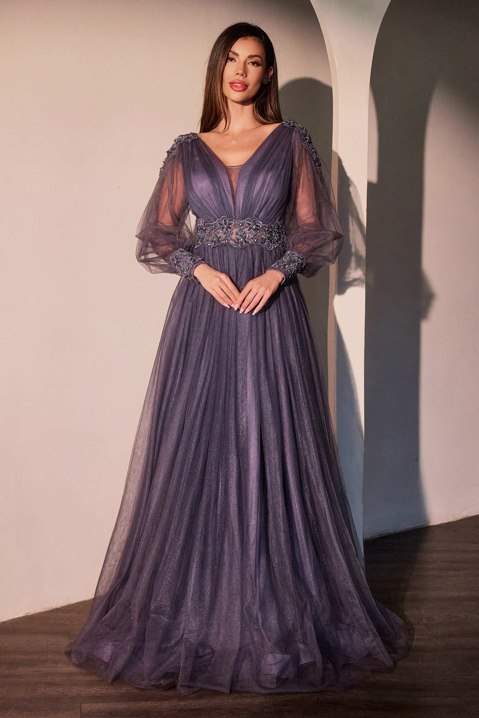 Smokey violet A-line mother-of-bride dress with sheer long sleeves and beaded waist