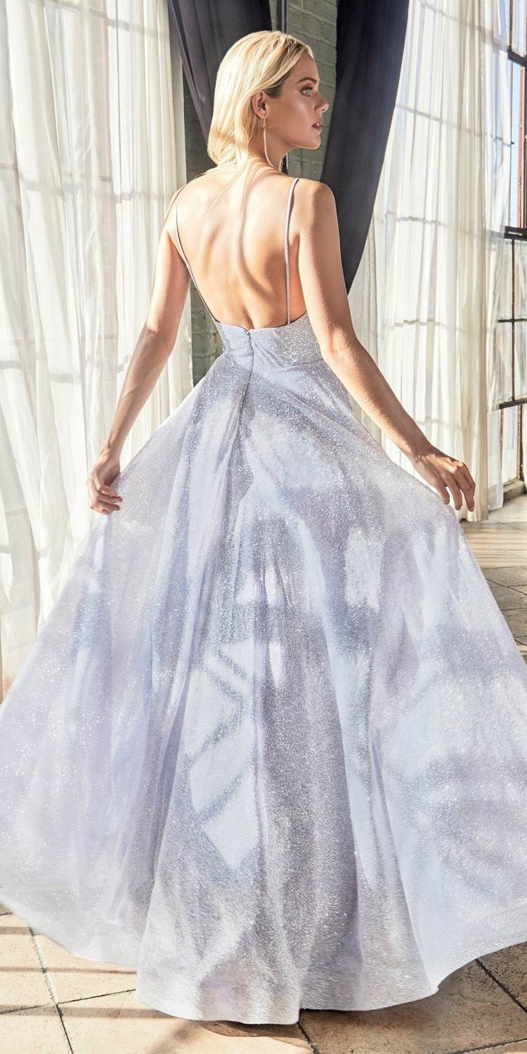 Back view of glitter A-line ball gown, open back, thin straps, light silver-blue
