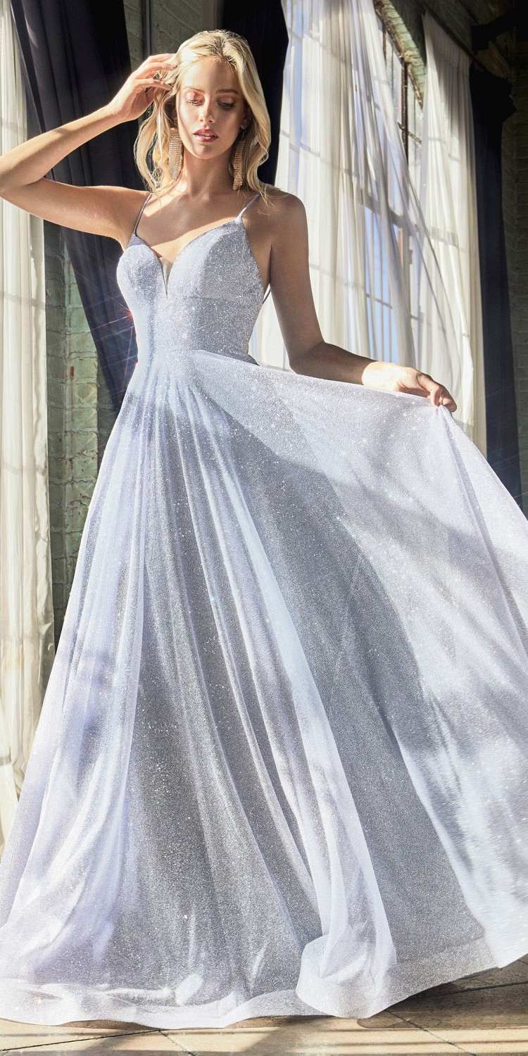 Glitter A-line ball gown with sweetheart neckline and thin straps, light silver-blue