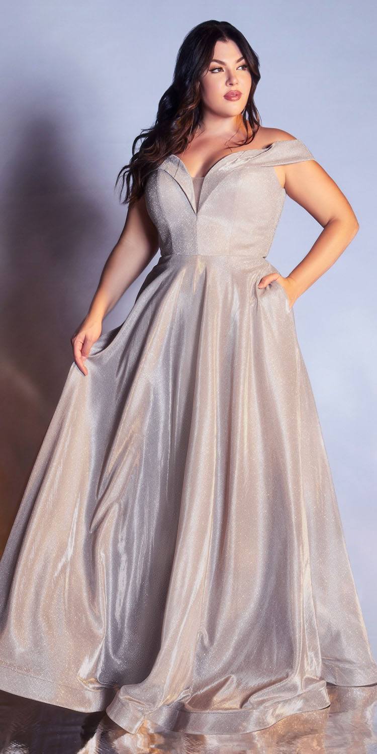 Off-shoulder A-line glitter gown in metallic silver with sweetheart neckline