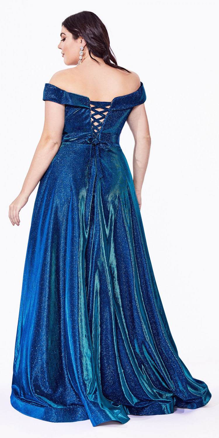 Off-shoulder A-line glitter gown in metallic blue with corset lace-up back