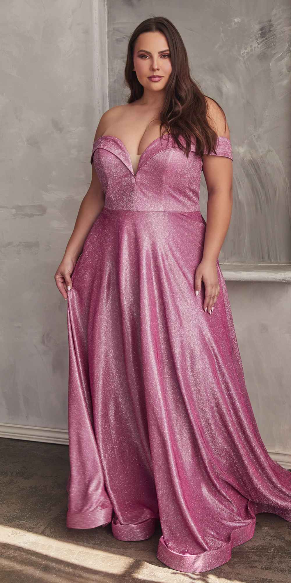 Off-shoulder A-line glitter gown in metallic rose with sweetheart neckline