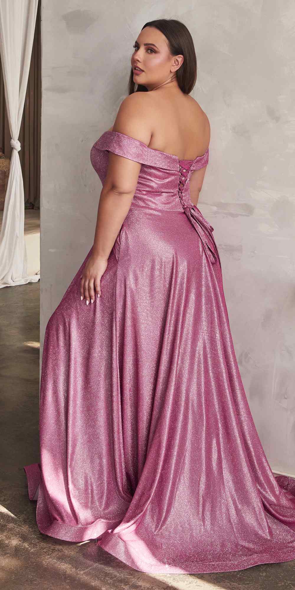 Off-shoulder A-line glitter gown in metallic rose with off-shoulder neckline