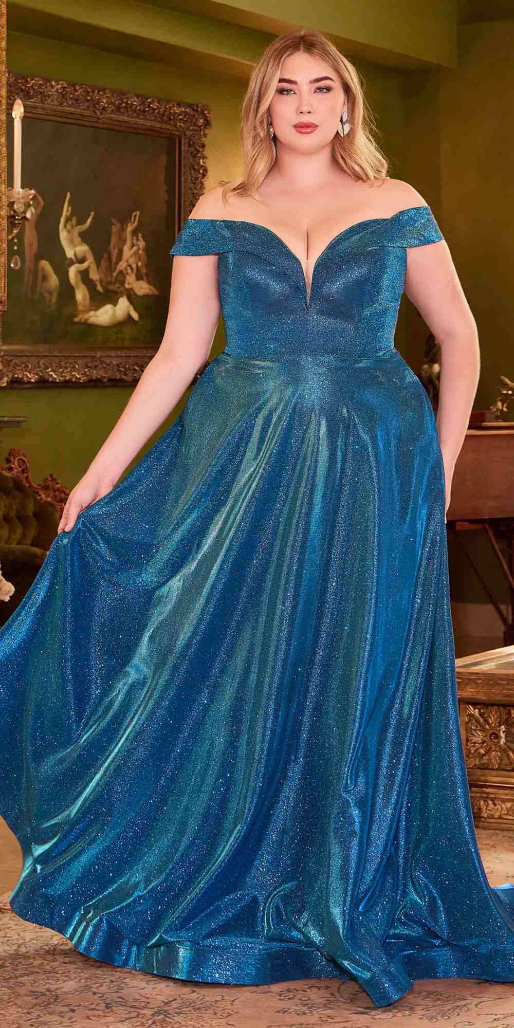 Off-shoulder A-line glitter gown in metallic blue with sweetheart neckline