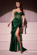 Emerald green strapless satin evening dress with sweetheart neckline and high slit