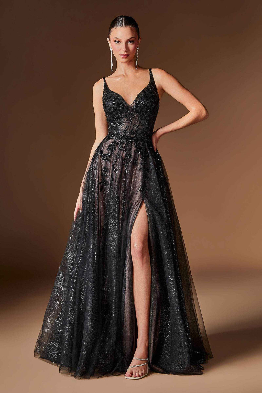 Black glitter tulle A-line gown with V-neck, floral appliques, and thigh slit