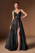 Black glitter tulle A-line gown with V-neck, floral appliques, and thigh slit