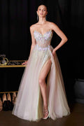 Sage green strapless A-line gown with floral applique bodice, beaded corset and thigh slit