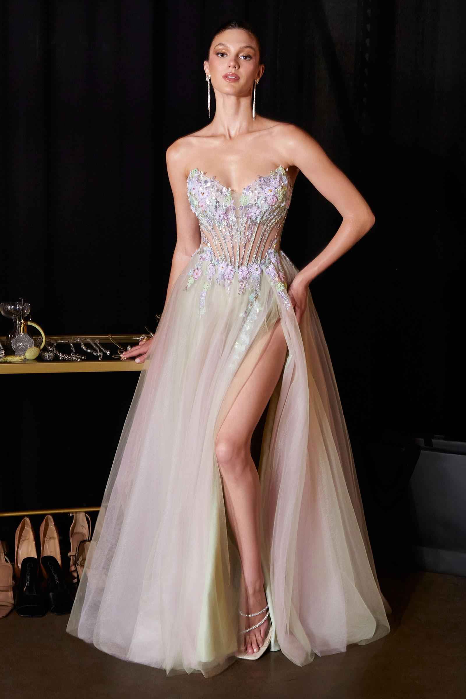 Sage green strapless A-line gown with floral applique bodice, beaded corset and thigh slit