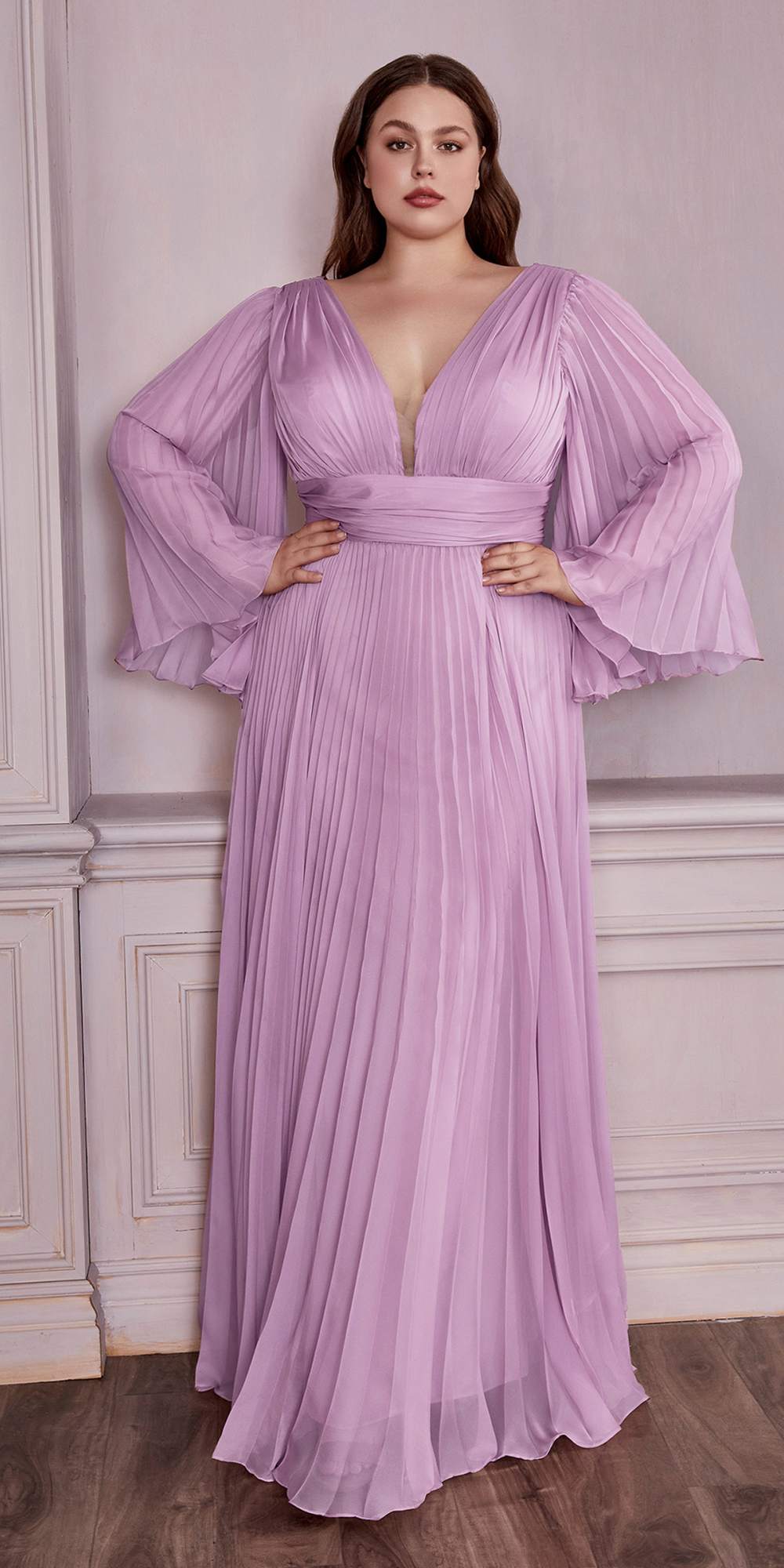 Lavender pleated chiffon long-sleeve gown with V-neck and puff sleeves