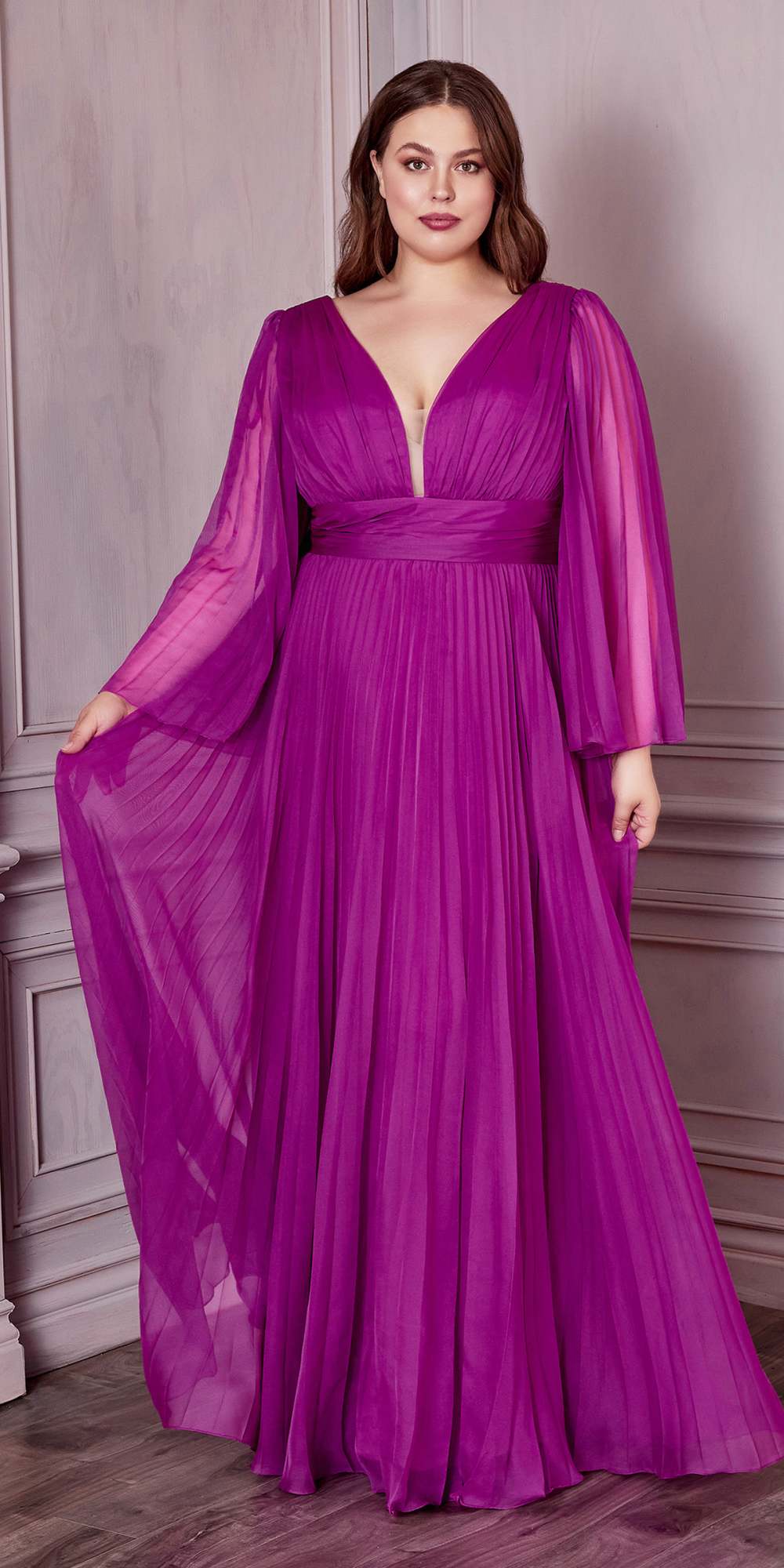 Long sleeve pleated chiffon gown in purple, V-neck, gathered waist, flared sleeves