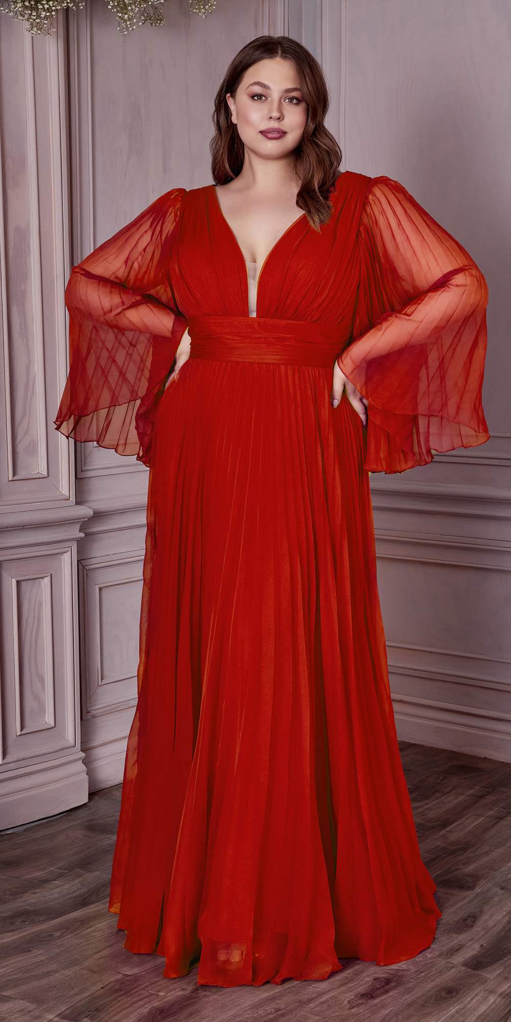 Long sleeve pleated chiffon gown in red, V-neck, gathered waist, sheer flared sleeves