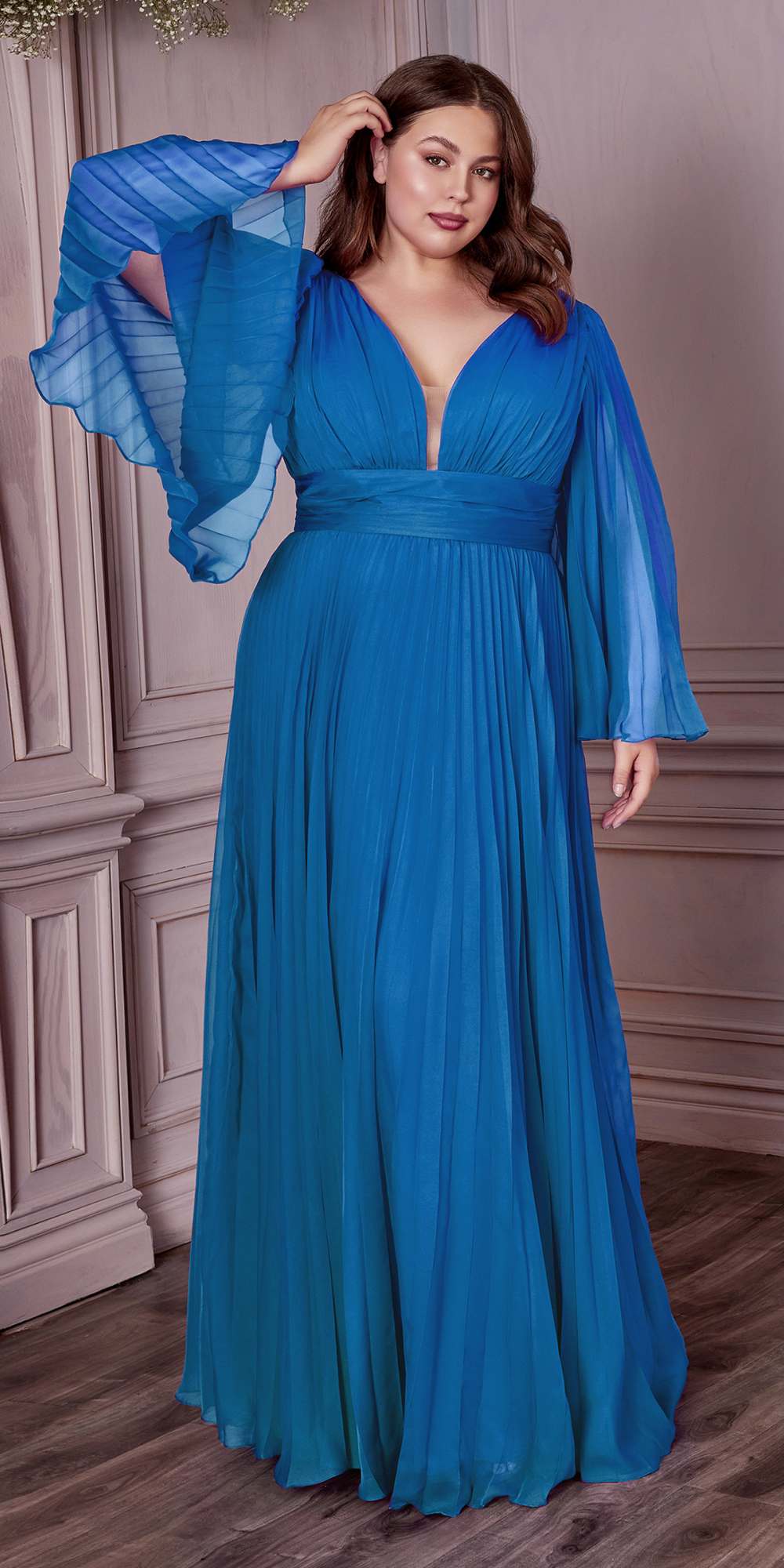 Long sleeve pleated chiffon gown in bright blue, V-neck, pleated skirt, flared sleeves