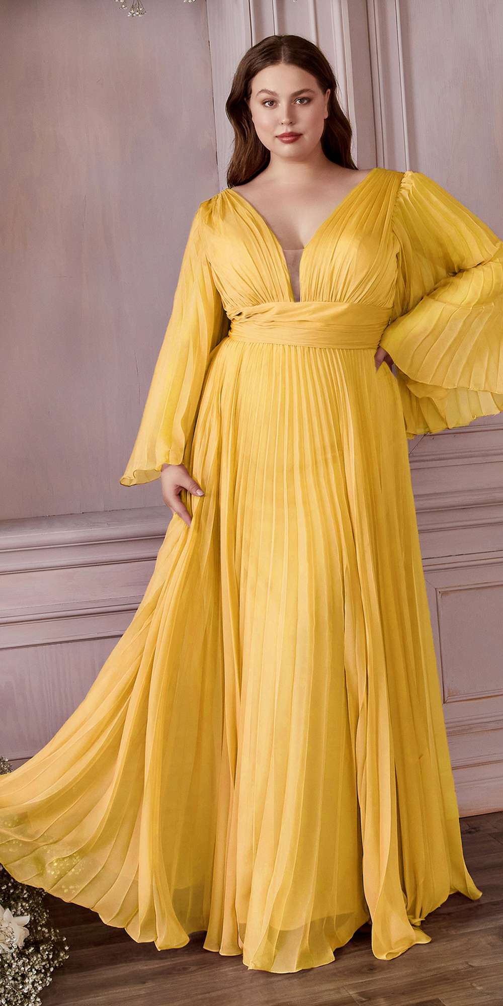 Yellow pleated chiffon long-sleeve gown with V-neck and gathered waist