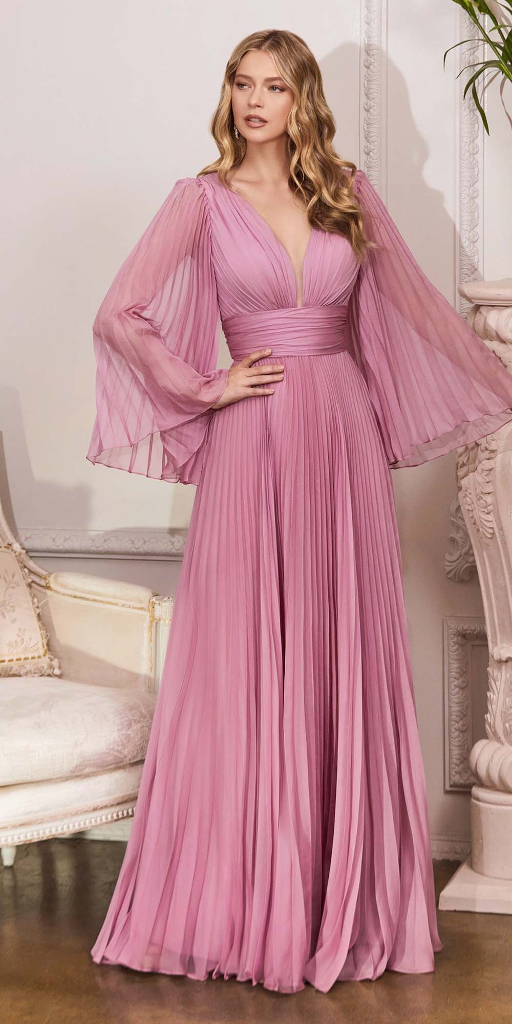 Blossom pink pleated chiffon gown with V-neck and bell sleeves