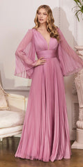 Long sleeve pleated chiffon gown in blush pink, V-neck, pleated skirt, flared sleeves