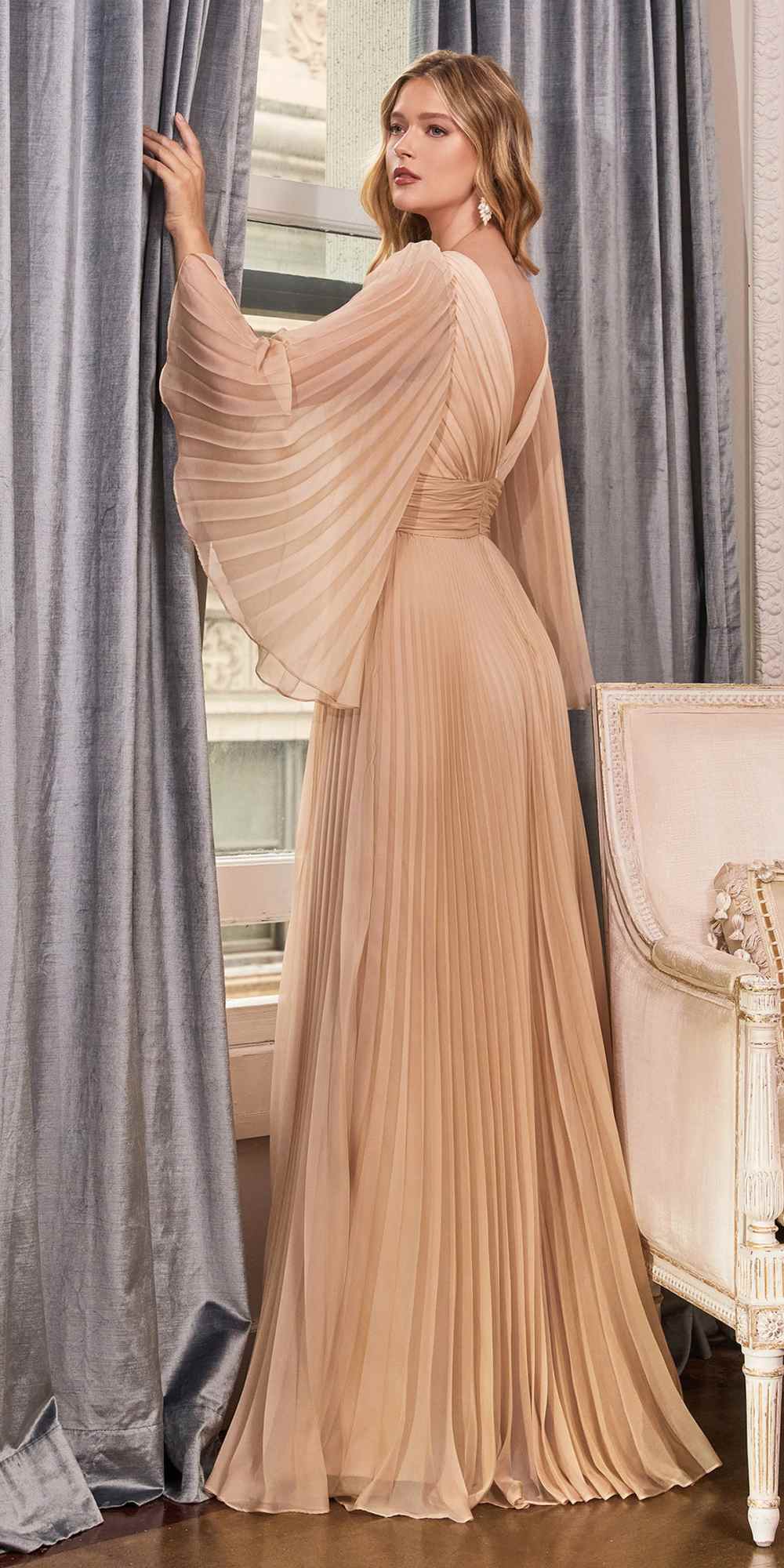Beige pleated chiffon long-sleeve gown with V-neck and draped sleeve detailing