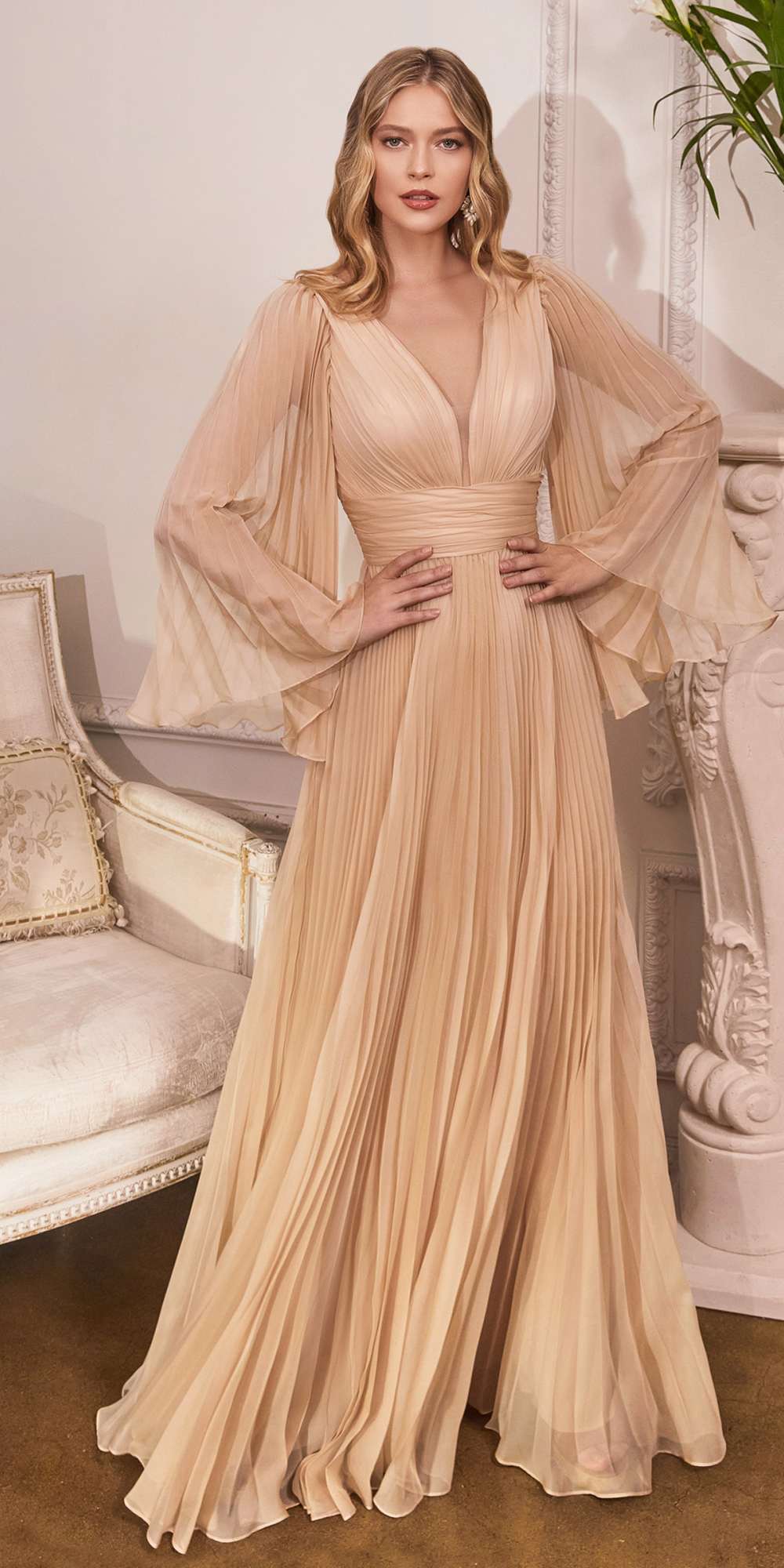 Champagne beige pleated chiffon long-sleeve gown with V-neck and draped sleeves