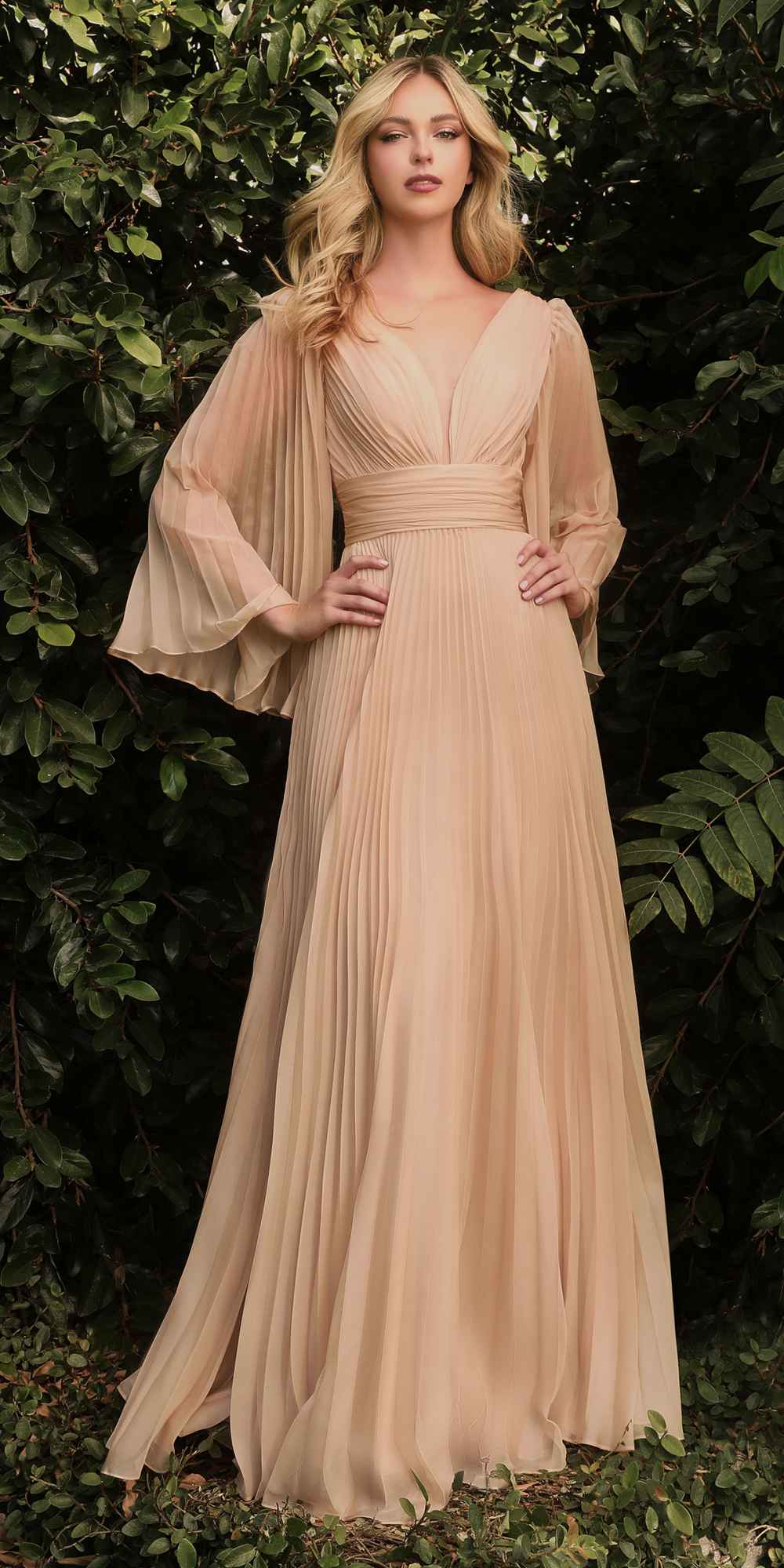 Rose-gold pleated chiffon long sleeve gown with V-neck bodice and gathered waist