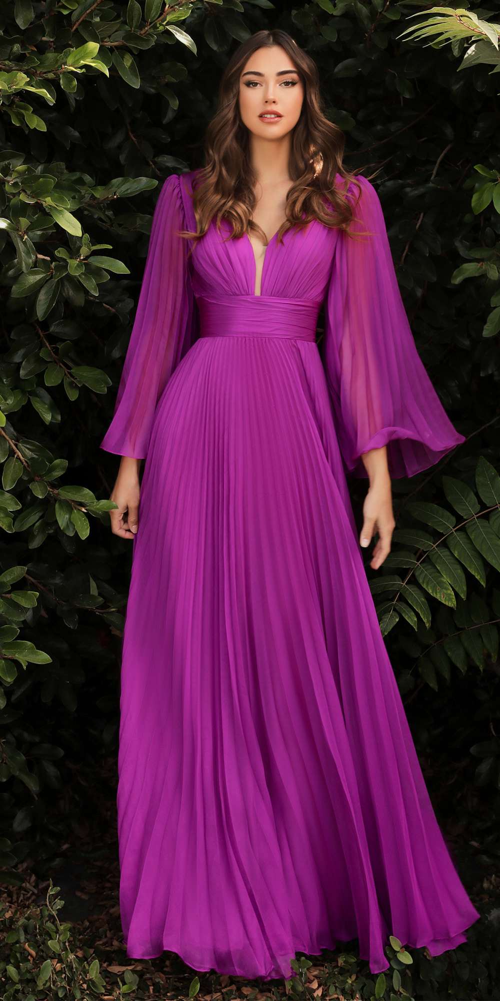 Purple pleated chiffon long sleeve gown with V-neck and ruched waist