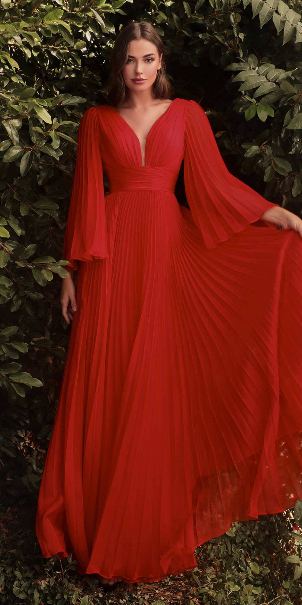 Long sleeve pleated chiffon gown in deep red, V-neck, pleated skirt, flared sleeves