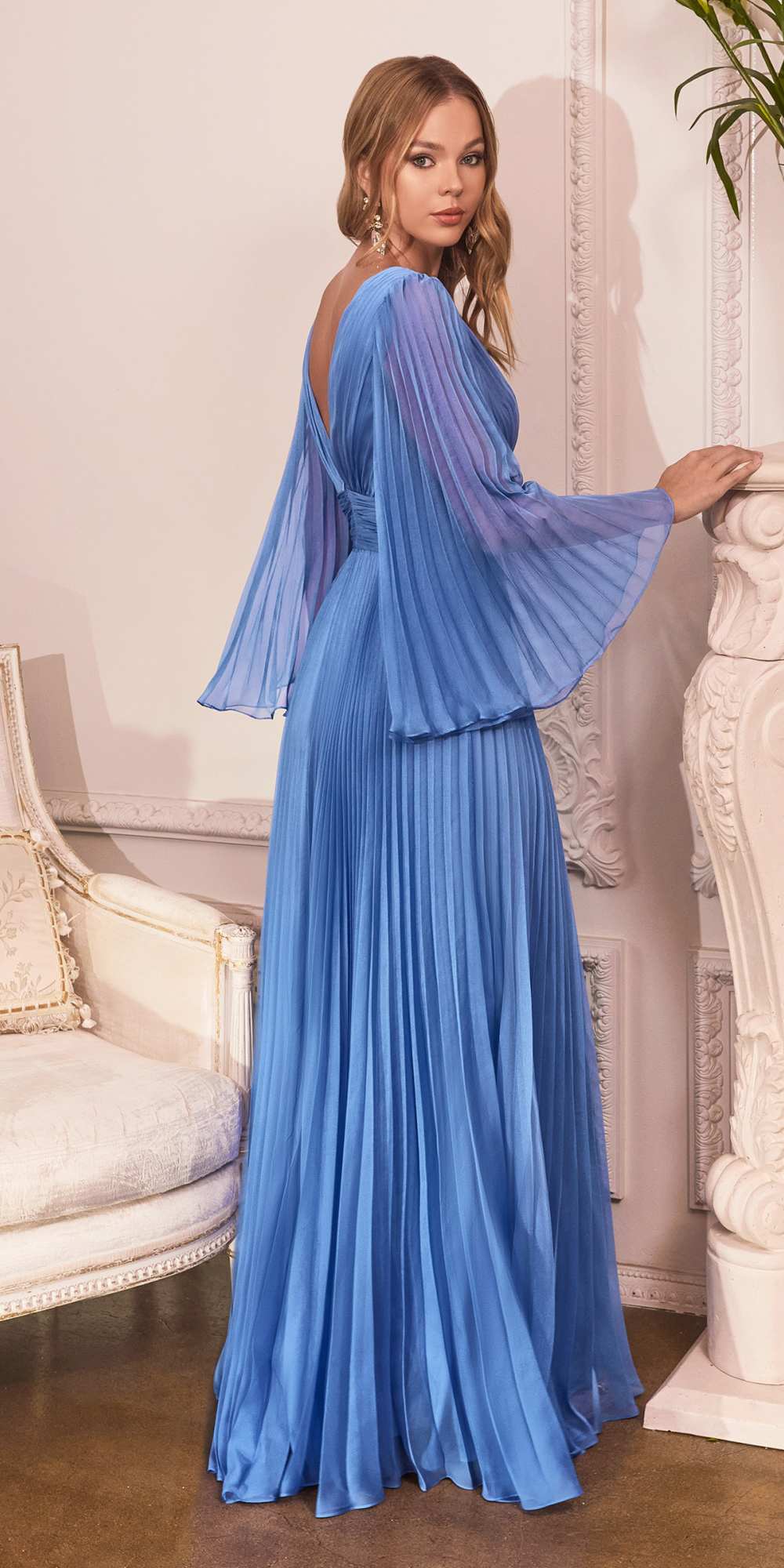 Long sleeve pleated chiffon gown in periwinkle blue, V-neck, pleated skirt, cape sleeves