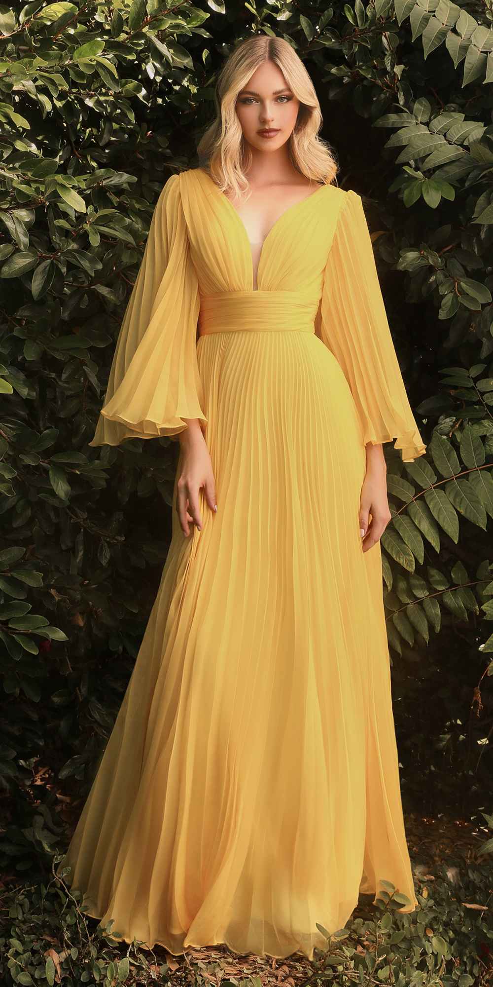 Yellow pleated chiffon long-sleeve gown with V-neck and bell sleeves