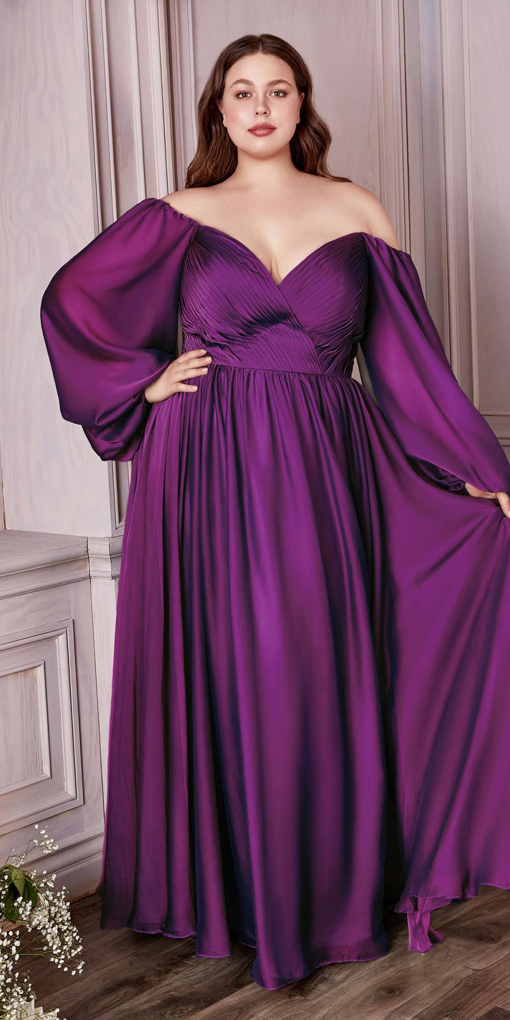 Off-shoulder long sleeve A-line chiffon dress, gathered bodice, flowing skirt, dark purple fuchsia