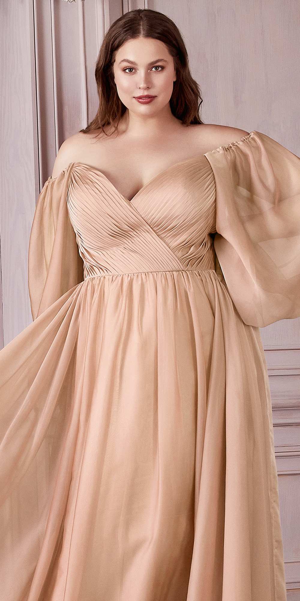 A-line chiffon dress with V-neck, long puff sleeves, ruched waist, flowing skirt