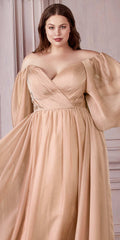 A-line chiffon dress with V-neck, long puff sleeves, ruched waist, flowing skirt