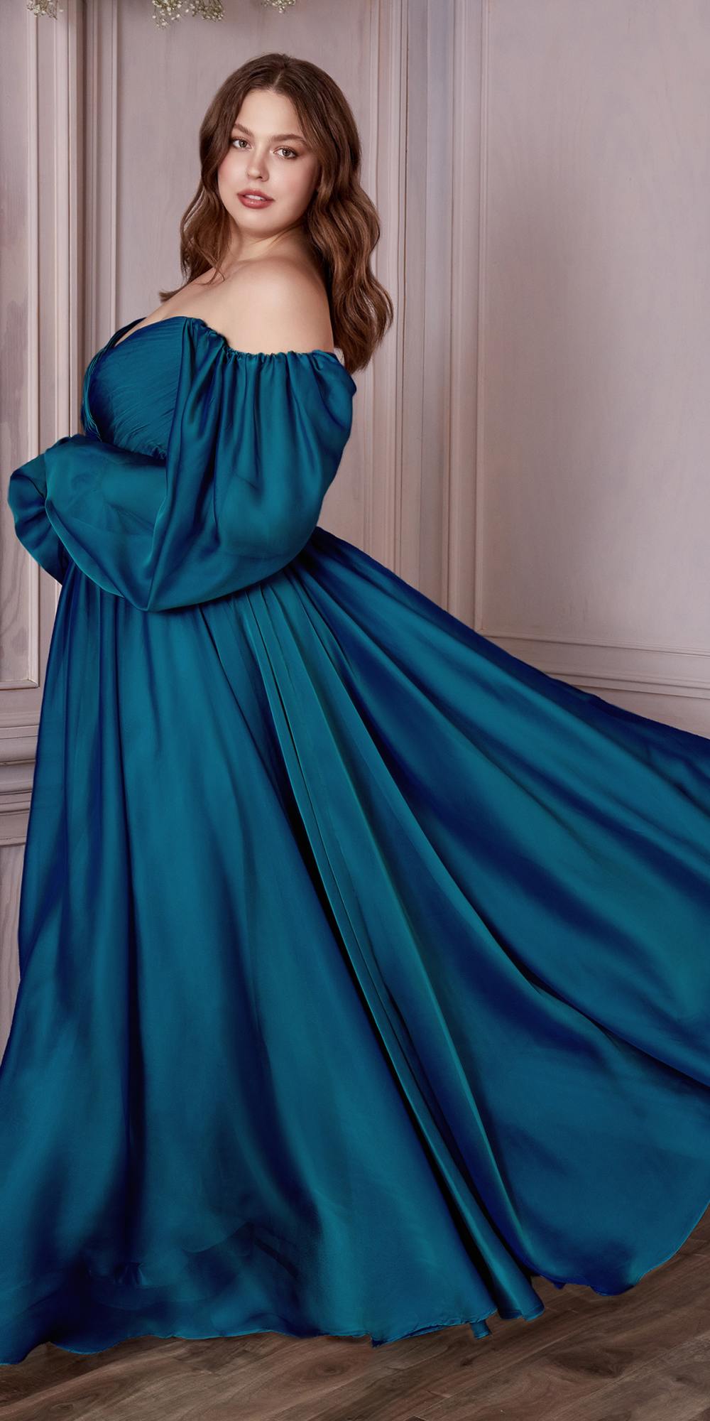 A-line chiffon dress with off-shoulder neckline, long puff sleeves, gathered waist, maxi