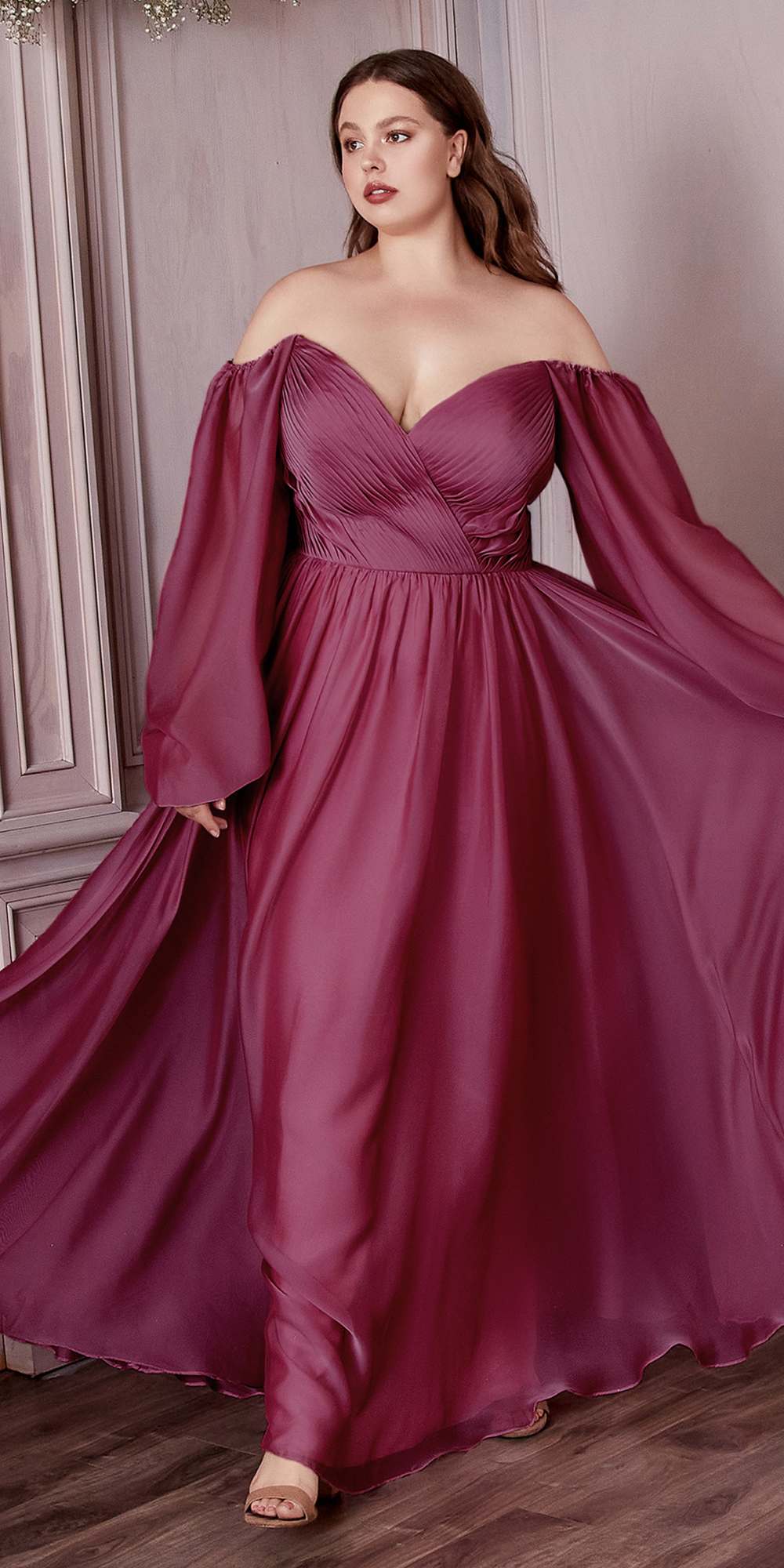 Off-shoulder long sleeve A-line chiffon dress, flowing full skirt, dark purple fuchsia