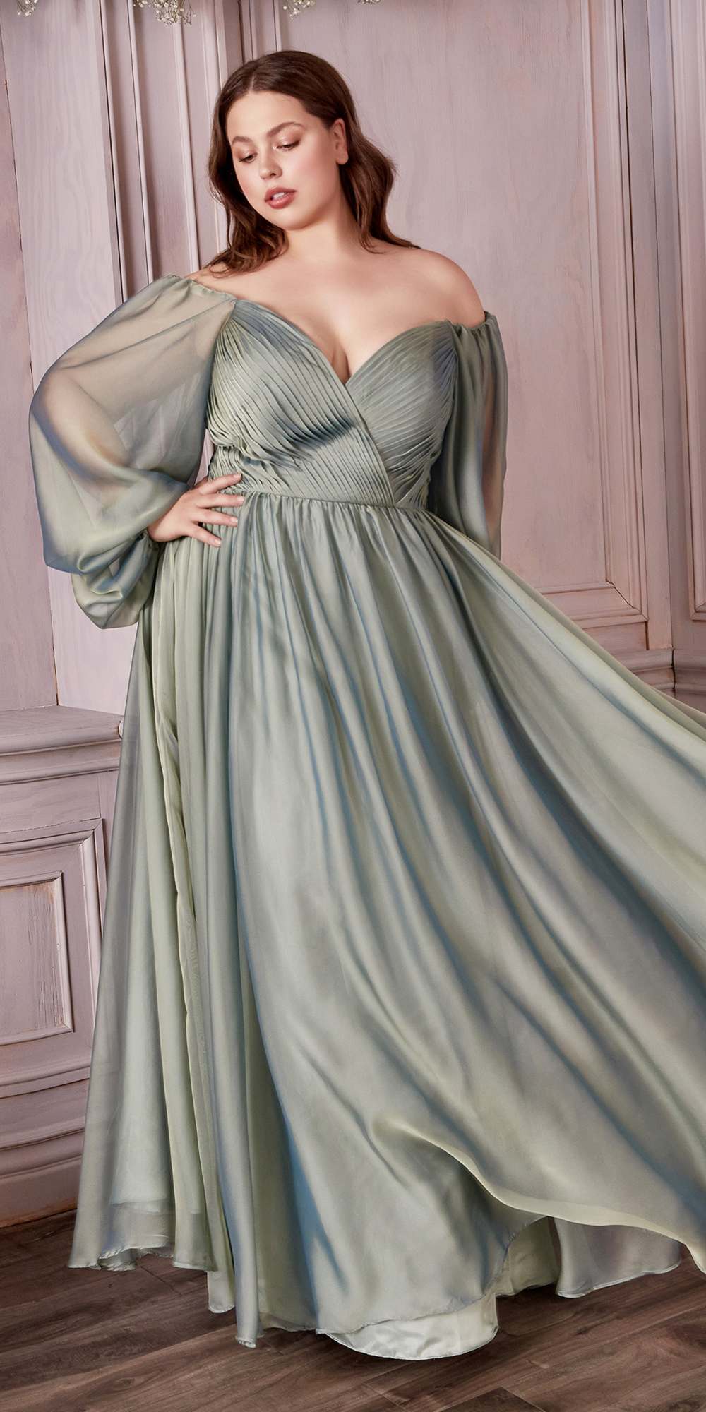 A-line chiffon dress with long puff sleeves, V-neck, ruched empire waist, maxi skirt