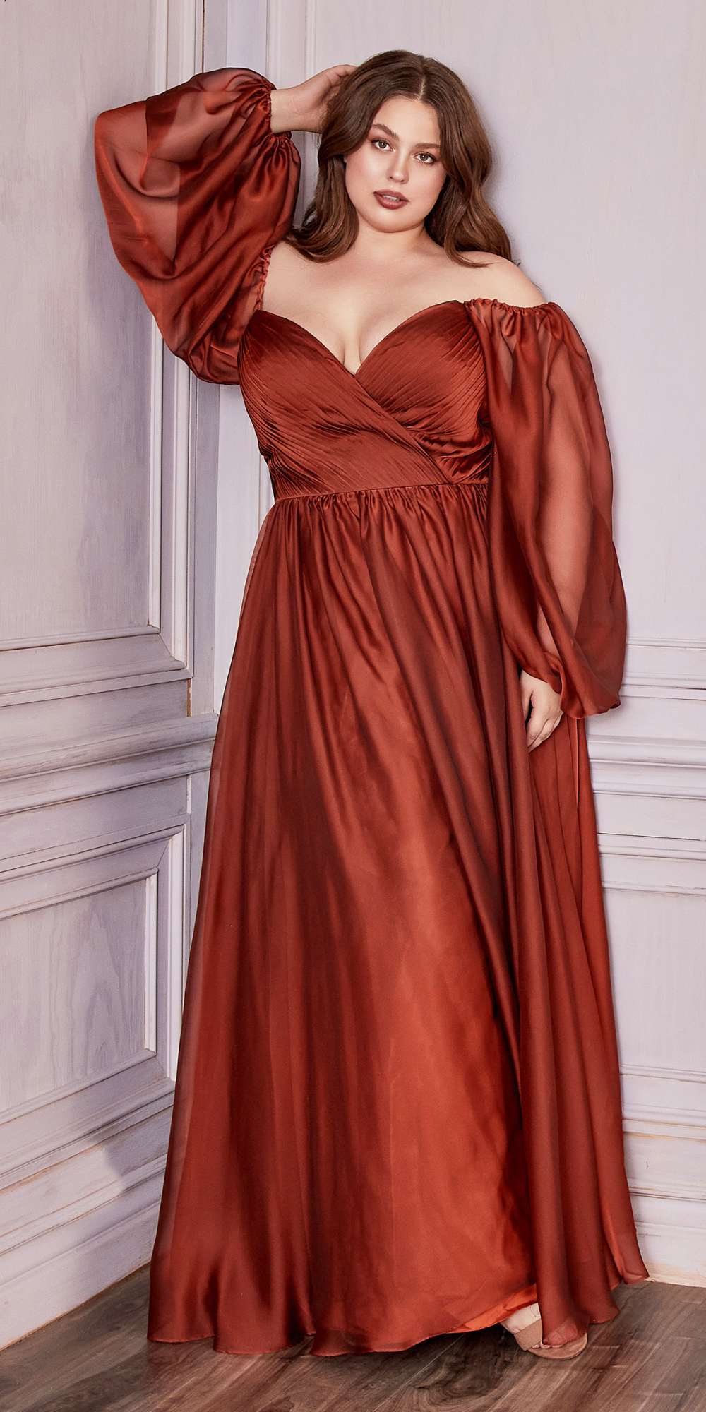 A-line chiffon dress with long puff sleeves, square V neckline, ruched bodice, maxi skirt