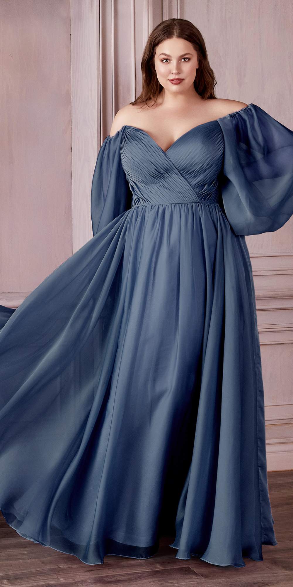 A-line chiffon dress with long puff sleeves, V-neck, gathered bodice, full skirt
