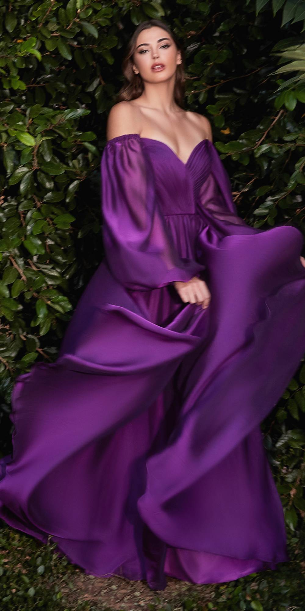 Purple long-sleeve A-line evening dress with off-shoulder neckline and flowing sleeves