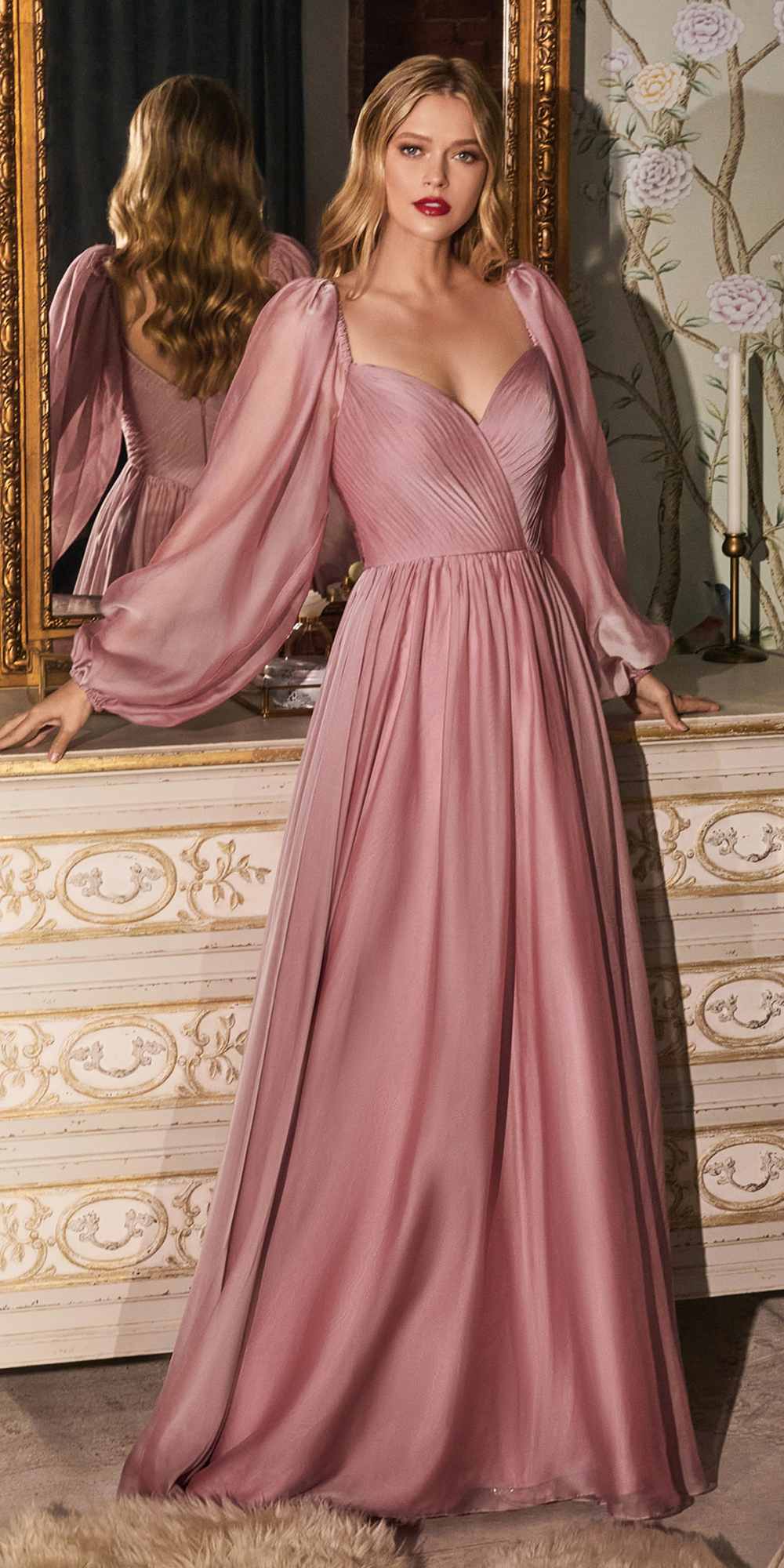 Long-sleeve A-line dress, blush pink with draped puff sleeves and A-line silhouette