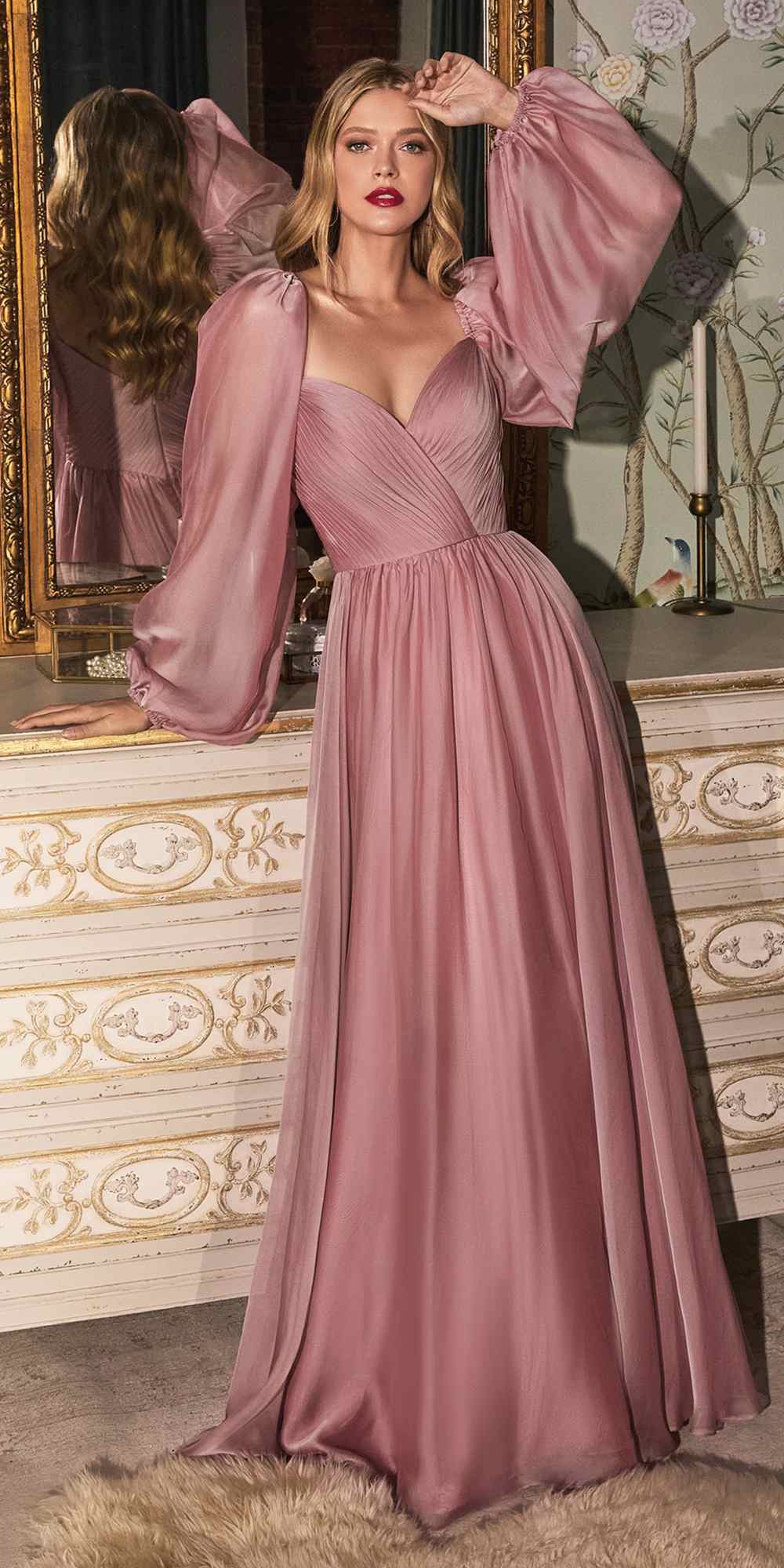 Long-sleeve A-line dress, blush pink with sweetheart neckline and gathered skirt