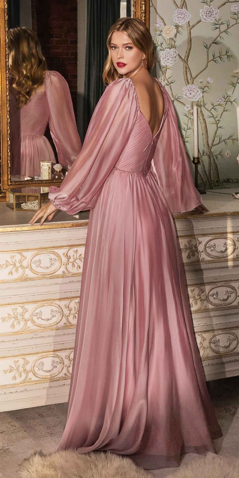 Long-sleeve A-line dress, blush pink with draped puff sleeves and V-neck bodice