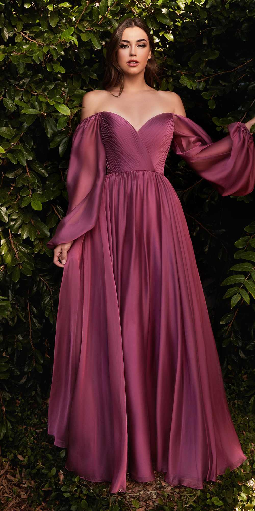 Long-sleeve A-line dress, plum with sweetheart neckline and flowing bell sleeves