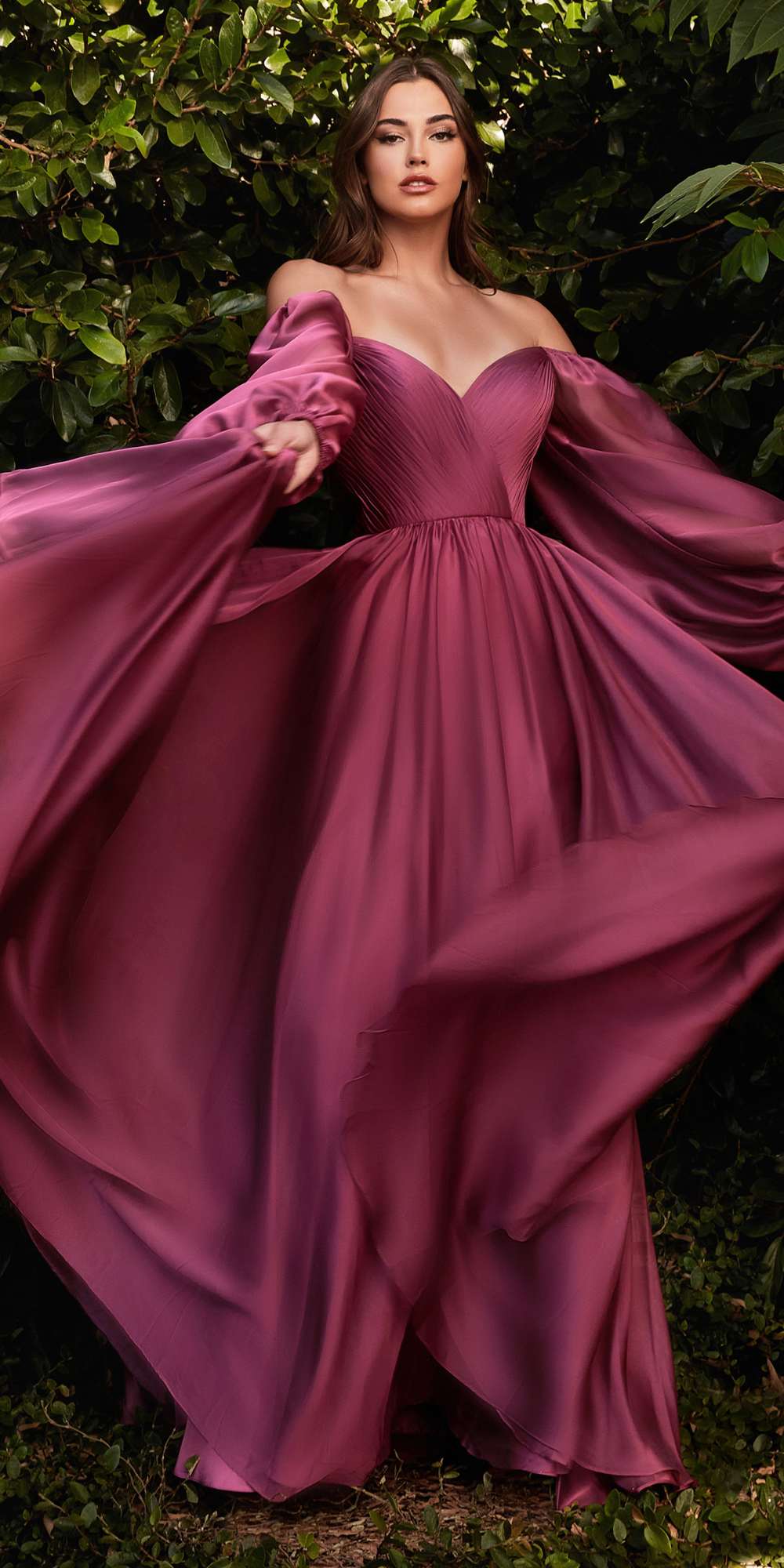 Long-sleeve A-line dress, plum with sweetheart neckline and full skirt volume