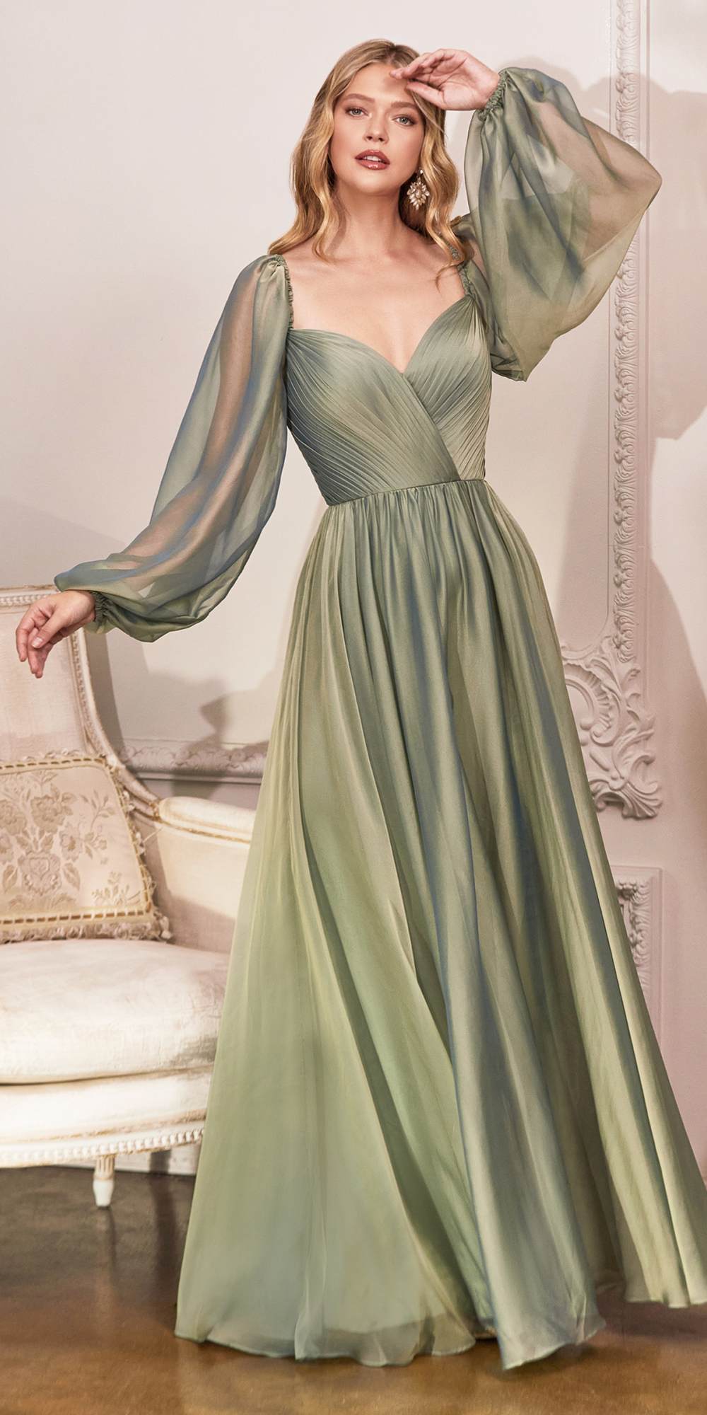 Sage green long-sleeve A-line evening dress with V-neck and flowing sleeves