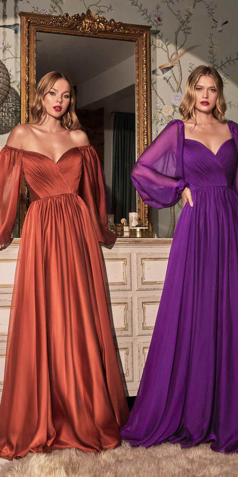 Rust brown and purple long-sleeve A-line evening dresses with off-shoulder necklines