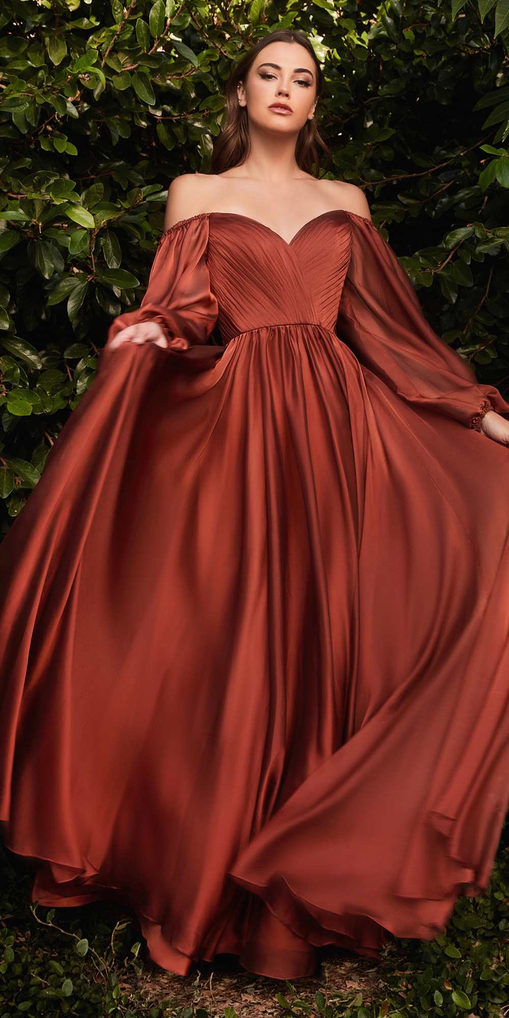 Rust brown long-sleeve A-line evening dress with off-shoulder neckline and puff sleeves