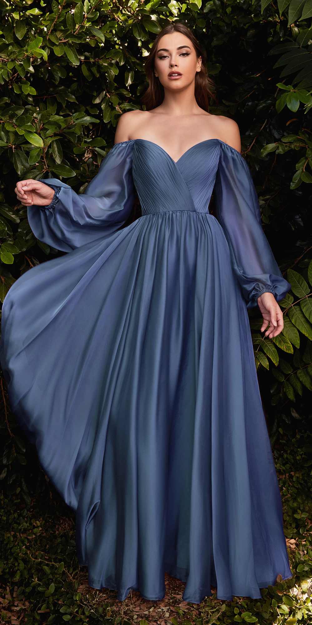 Blue long-sleeve A-line evening dress with off-shoulder neckline and draped sleeves