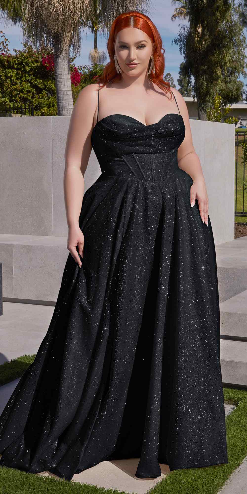 Black glitter evening gown with sweetheart corset bodice, spaghetti straps, side slit, A-line