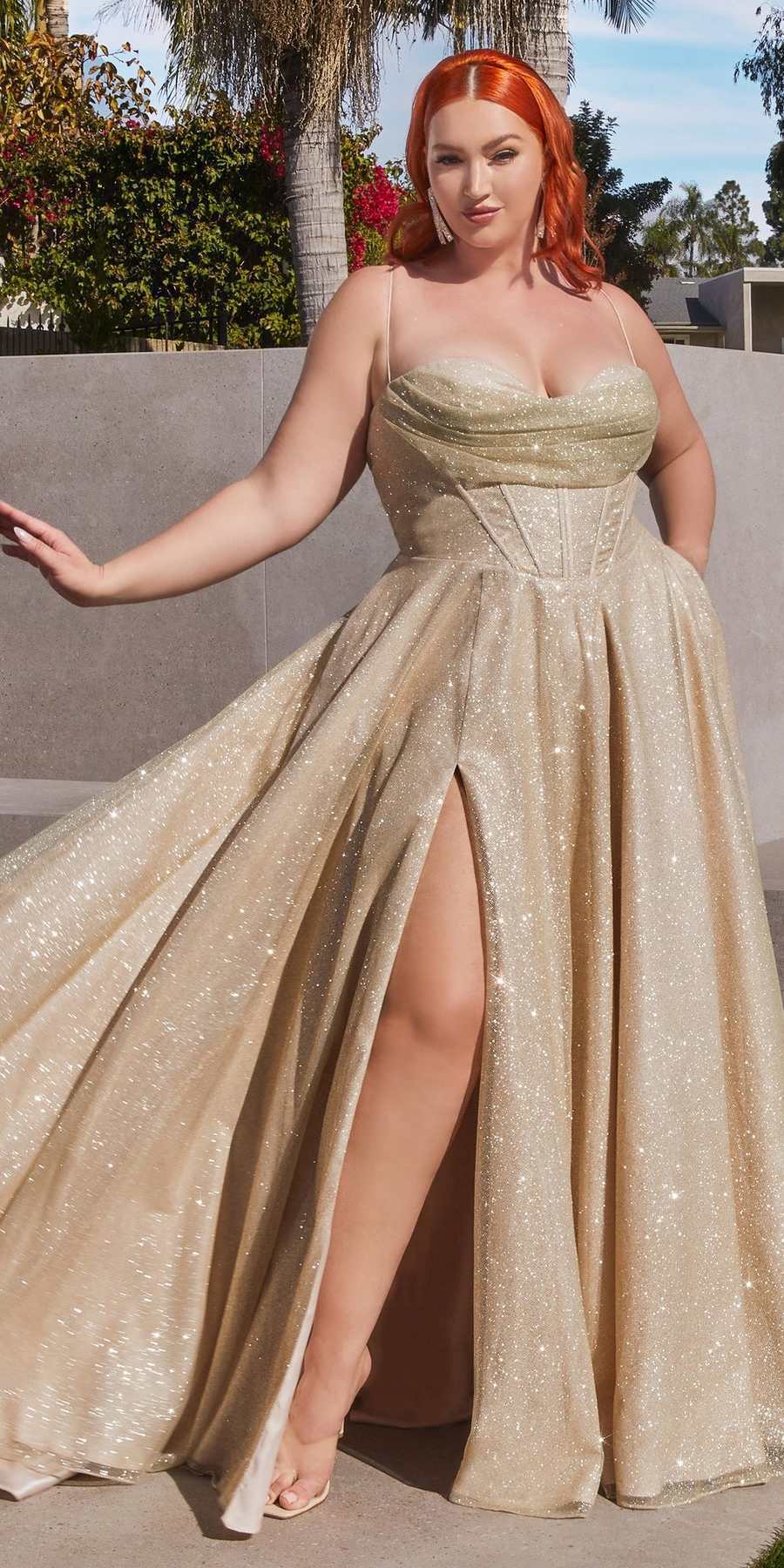 Gold glitter ball gown with sweetheart neckline, corset bodice, side slit, A-line skirt