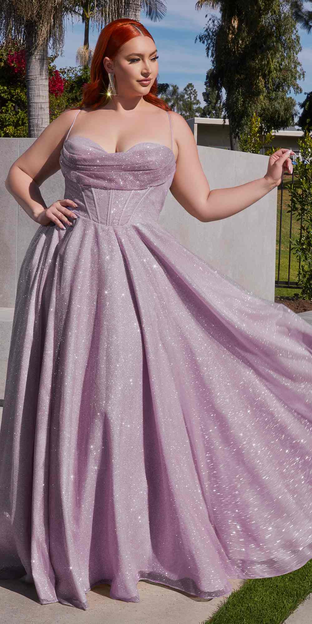 Lavender glitter A-line ball gown with sweetheart neckline and thin straps
