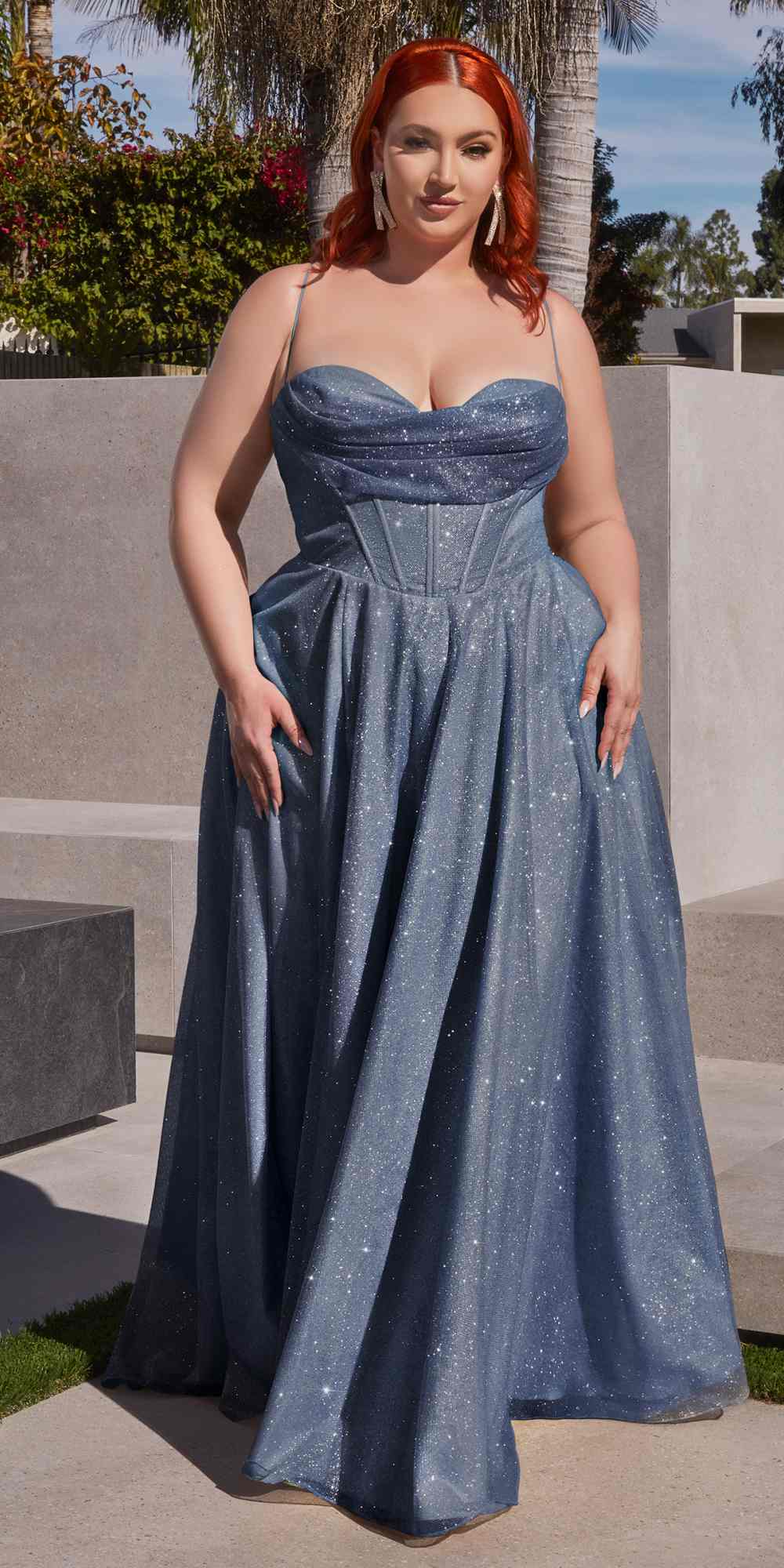 Blue glitter ball gown with sweetheart corset bodice, spaghetti straps, side slit, A-line