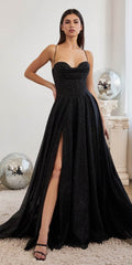 Black glitter ball gown with sweetheart neckline, thin straps, side slit, A-line skirt